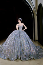 Vintage Ball Gown Strapless Sequin Silver Long Prom Dresses Layers Evening Dress C3739