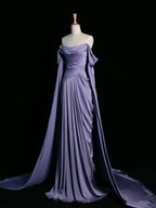 Vintage A Line Off The Shoulder Light Grape Satin Prom Dresses Long Evening Gown Formal Party Dress