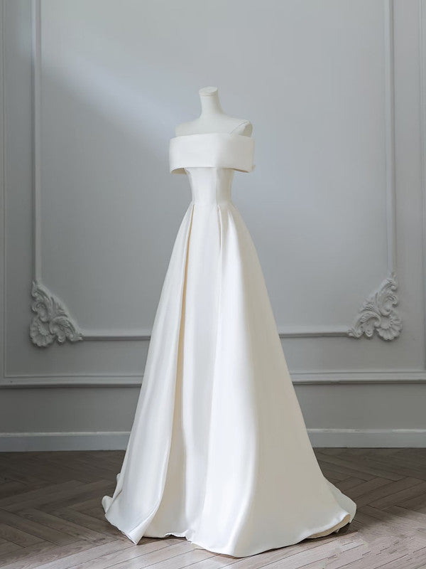 Aesthetic Ball Gown Strapless Ivory Satin Long Wedding Dresses Brides Dress