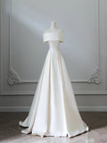 Aesthetic Ball Gown Strapless Ivory Satin Long Wedding Dresses Brides Dress