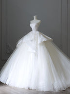 Chic Ball Gown Strapless White Sleeveless Lace Satin Wedding Dresses With Ruffles C3809