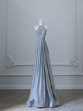 Sexy A Line Scoop Neckline Silver Sequin Long Prom Dresses Evening Gowns