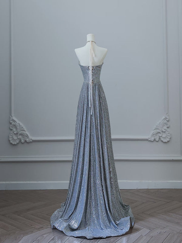 Sexy A Line Scoop Neckline Silver Sequin Long Prom Dresses Evening Gowns