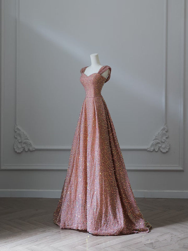 Sexy A line Straps Rose Pink Sequin Long Prom Dresses Evening Gowns