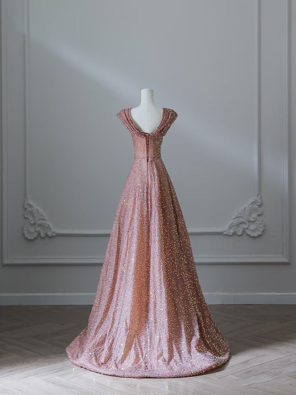Sexy A line Straps Rose Pink Sequin Long Prom Dresses Evening Gowns