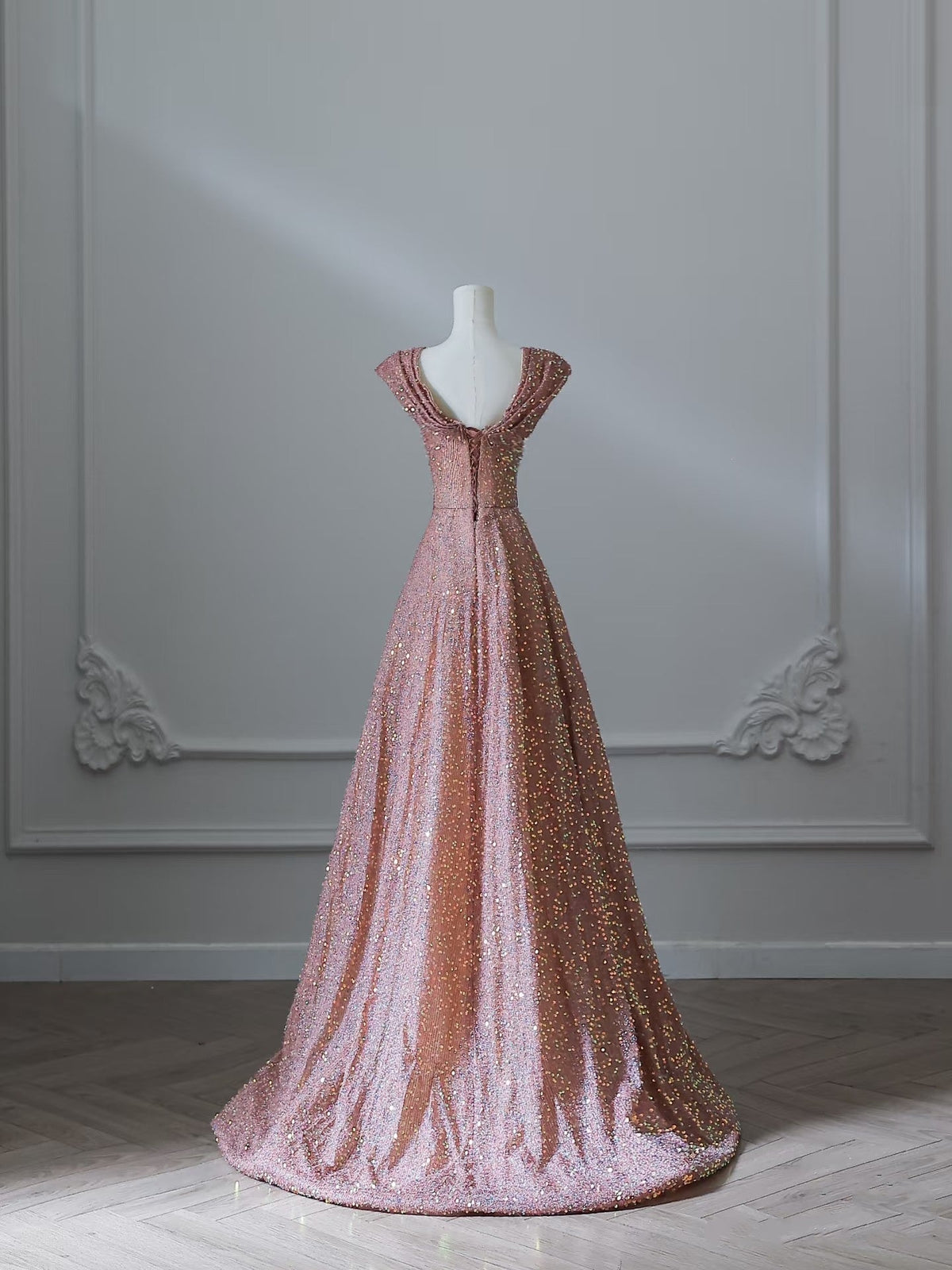 Sexy A line Straps Rose Pink Sequin Long Prom Dresses Evening Gowns