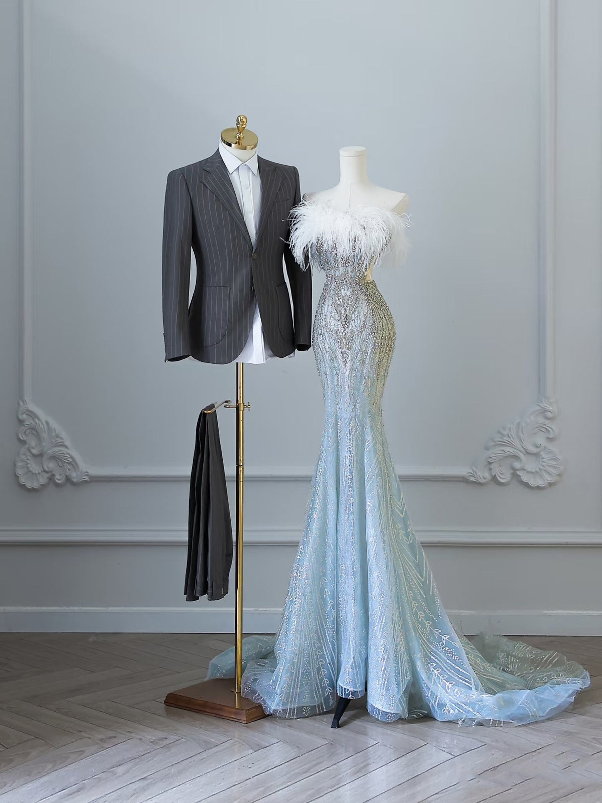 Sexy Mermaid Strapless Blue Sequin Long Prom Dresses Evening Gowns