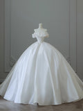 Unique Ball Gown Off The Shoulder Satin White Long Wedding Dresses Brides Dress