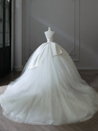 Unique Ball Gown Strapless Satin White Long Wedding Dresses Brides Dress