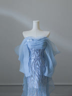 Sexy Mermaid Off The Shoulder Blue Sequin Long Prom Dresses Evening Gowns