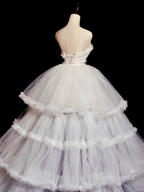 Princess Ball Gown Strapless Tulle Lace Tiered Long Wedding Dresses C3849