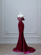 Sexy Mermaid Off The Shoulder Burgundy Long Prom Dresses Evening Gowns