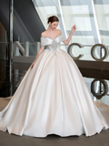 Pretty Ball Gown Off The Shoulder Satin Applique Long Wedding Dresses C3944