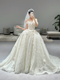Dreamy Ball Gown Off The Shoulder Tulle Lace Applique With Veil Long Wedding Dresses C3967