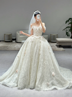 Dreamy Ball Gown Off The Shoulder Tulle Lace Applique With Veil Long Wedding Dresses C3967