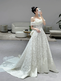 Dreamy Ball Gown Off The Shoulder Satin Tulle Lace Long Wedding Dresses C3972