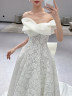 Dreamy Ball Gown Off The Shoulder Satin Tulle Lace Long Wedding Dresses C3972
