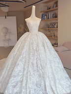 Vintage Ball Gown Strapless White Tulle Lace Long Wedding Dresses C3985