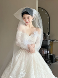 Vintage Ball Gown Off The Shoulder White Tulle Lace Long Sleeves With Veil Long Wedding Dresses C3986