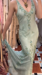 Pretty Light Green V Neck Tulle Beaded Appliques Mermaid Party Dress Long Prom Gown