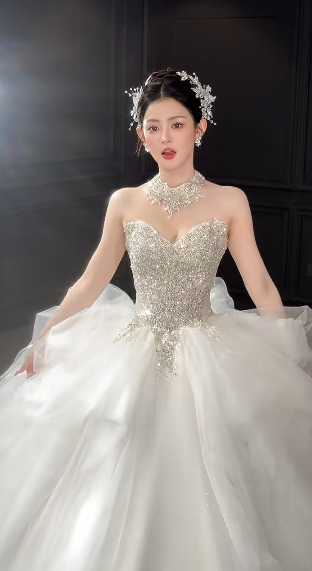 Gorgeous Ball Gown Sweetheart Tulle Sequin Long Wedding Dresses C4041