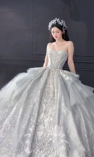 Dreamy Ball Gown Strapless Tulle Sequin Long Wedding Dresses C4043