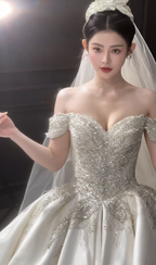 Elegant Ball Gown Off The Shoulder Satin Beaded With Veil Long Wedding Dresses C4044