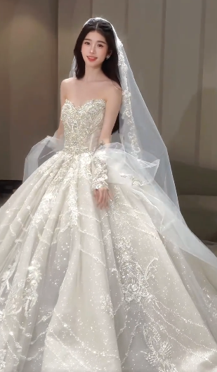 Gorgeous Ball Gown Strapless Tulle Sequin Beaded With Veil Gloves Long Wedding Dresses C4050