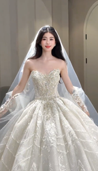 Gorgeous Ball Gown Strapless Tulle Sequin Beaded With Veil Gloves Long Wedding Dresses C4050