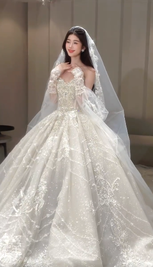 Gorgeous Ball Gown Strapless Tulle Sequin Beaded With Veil Gloves Long Wedding Dresses C4050