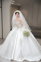 Dreamy Ball Gown Strapless Satin Applique With Veil Gloves Long Wedding Dresses C4052