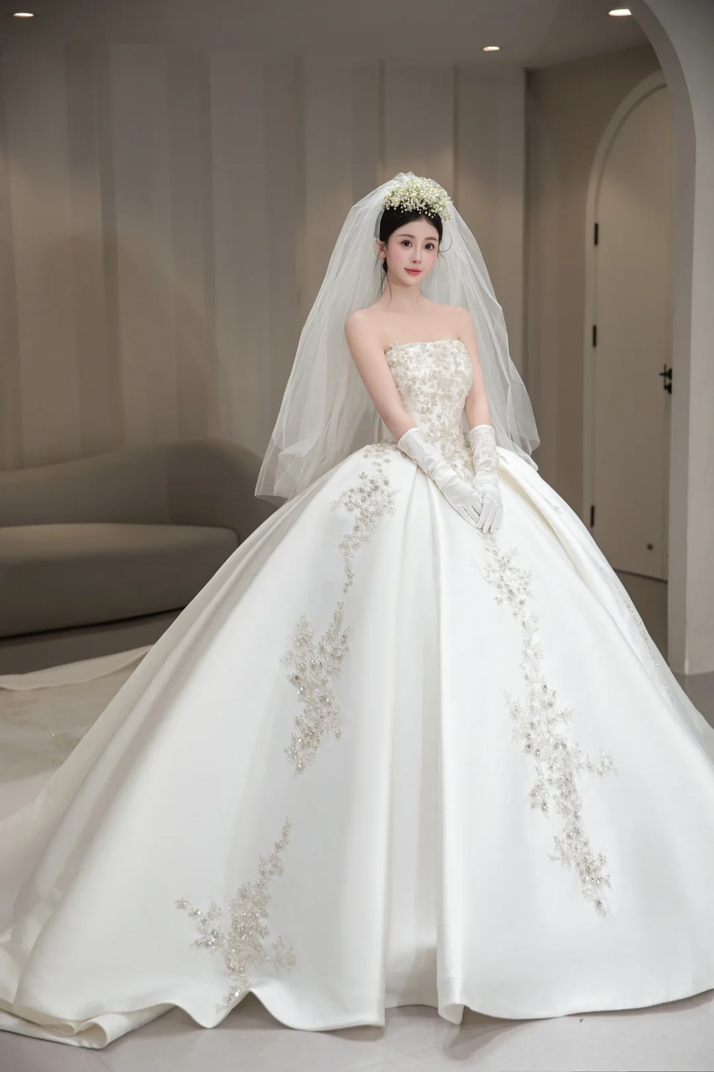 Dreamy Ball Gown Strapless Satin Applique With Veil Gloves Long Wedding Dresses C4052