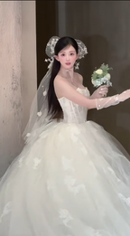 Dreamy Ball Gown Strapless Tulle Applique With Veil Long Wedding Dresses C4056