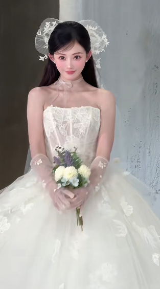 Dreamy Ball Gown Strapless Tulle Applique With Veil Long Wedding Dresses C4056