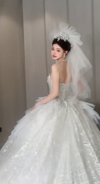 Timeless Ball Gown Strapless Tulle Sequin With Veil Long Wedding Dresses C4063