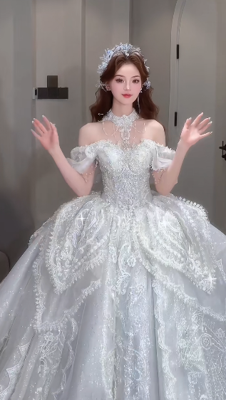Gorgeous Ball Gown Off The Shoulder Tulle Sequin Beaded Long Wedding Dresses C4069