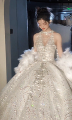 Gorgeous Ball Gown Halter Tulle Sequin Beaded Long Wedding Dresses C4078
