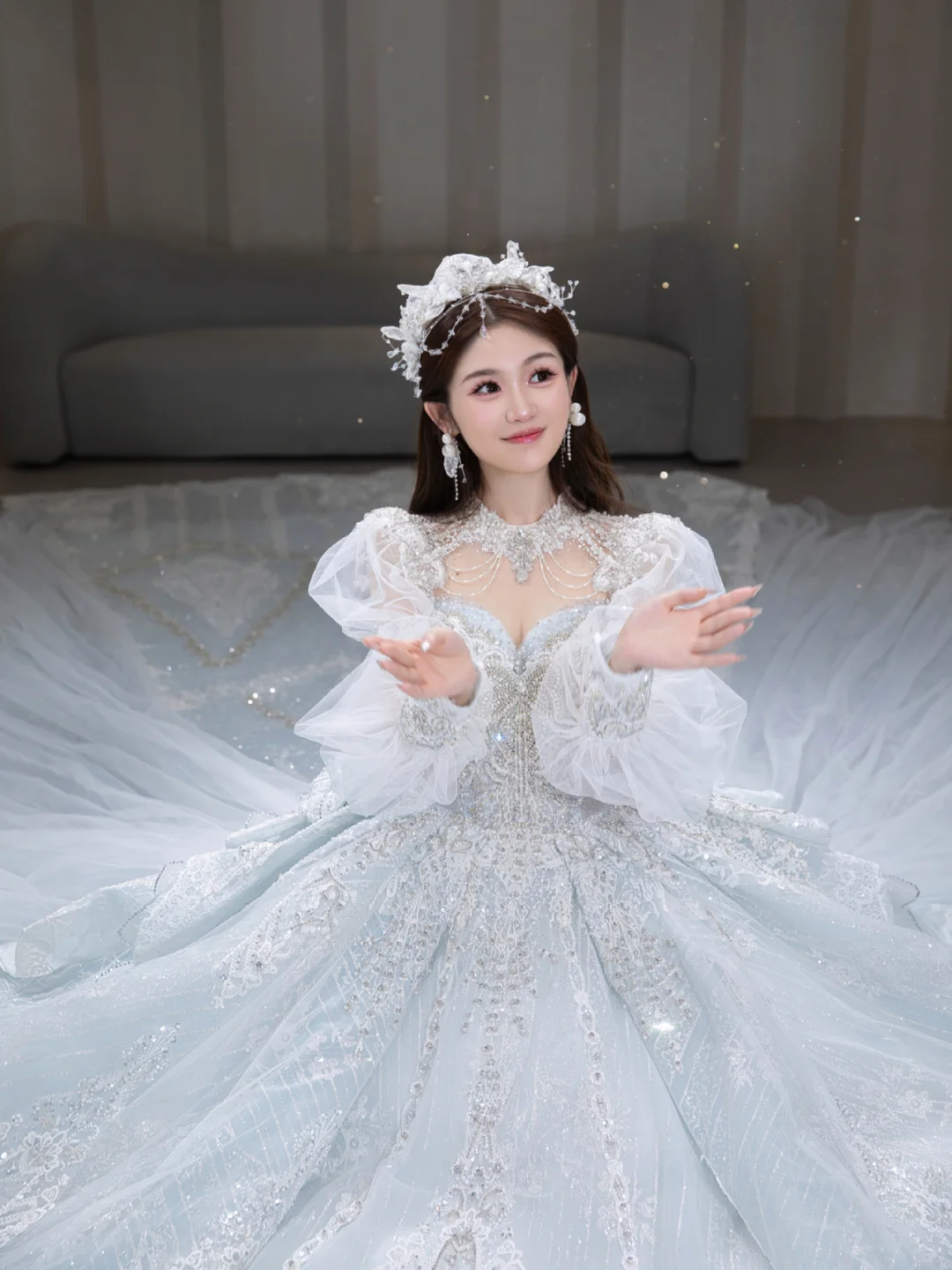 Timeless Ball Gown Tulle Sequin Beaded Long Sleeves Long Wedding Dresses C4094