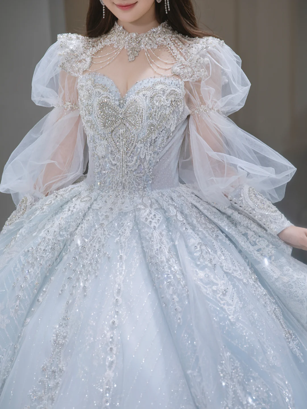 Timeless Ball Gown Tulle Sequin Beaded Long Sleeves Long Wedding Dresses C4094