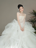 Pretty Ball Gown Strapless Tulle Long Wedding Dresses C4095