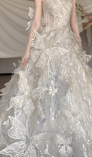 Gorgeous Ball Gown Starpless Tulle Butterfly Long Wedding Dresses C4104