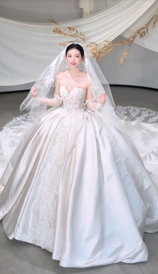 Timeless Ball Gown Starpless Satin Tulle Applique With Veil Long Wedding Dresses C4112