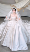 Timeless Ball Gown Starpless Satin Tulle Applique With Veil Long Wedding Dresses C4112