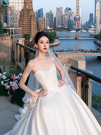 Simple Eelegant Ball Gown Strapless Satin With Veil Long Wedding Dresses C4123