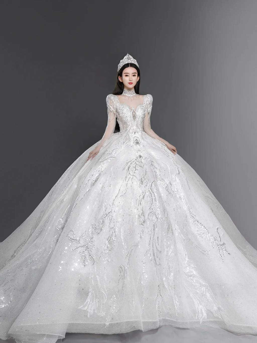 Gorgeous Ball Gown Tulle Lace Long Sleeves Long Wedding Dresses C4136
