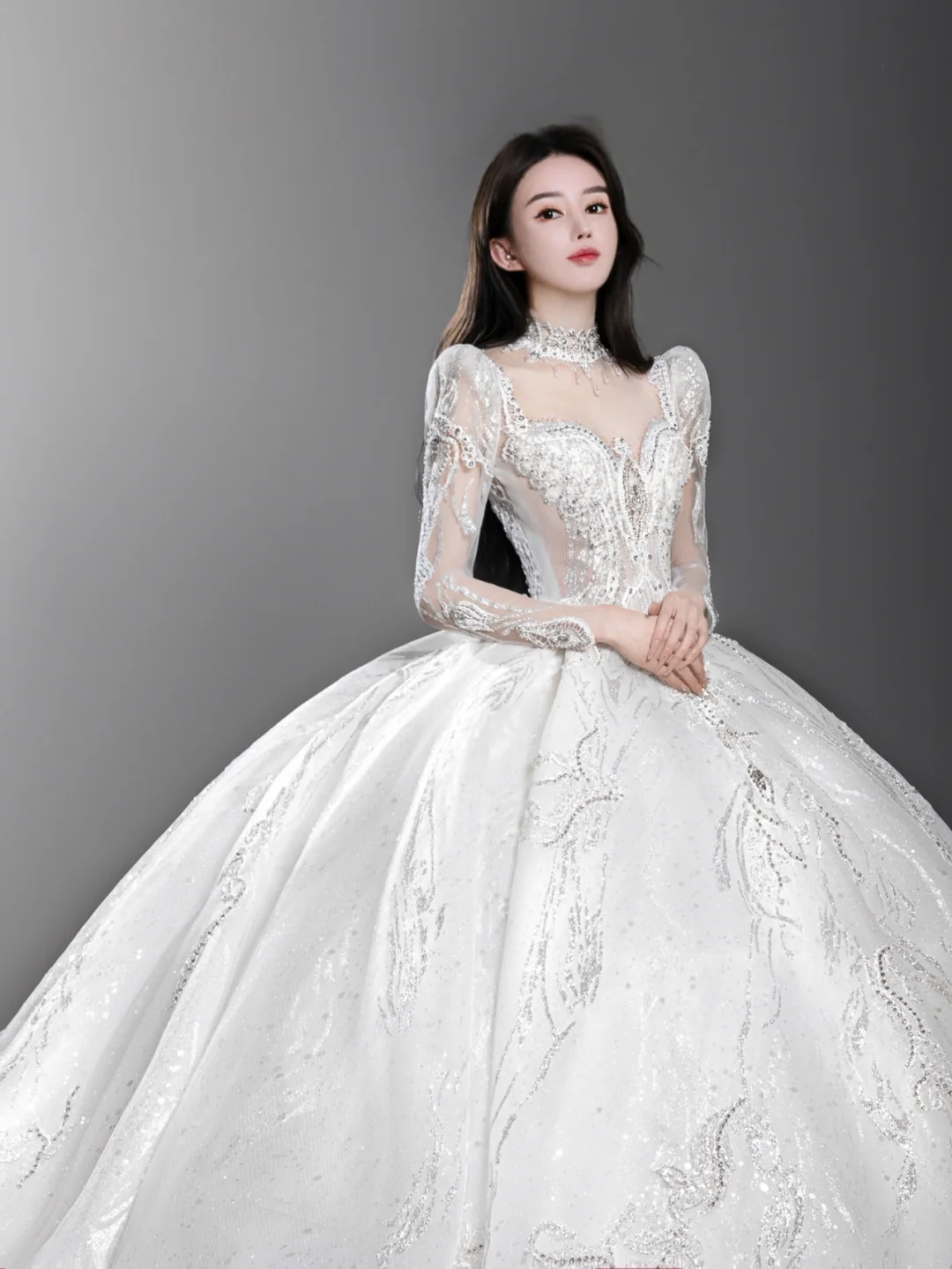 Gorgeous Ball Gown Tulle Lace Long Sleeves Long Wedding Dresses C4136