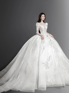 Gorgeous Ball Gown Tulle Lace Long Sleeves Long Wedding Dresses C4136