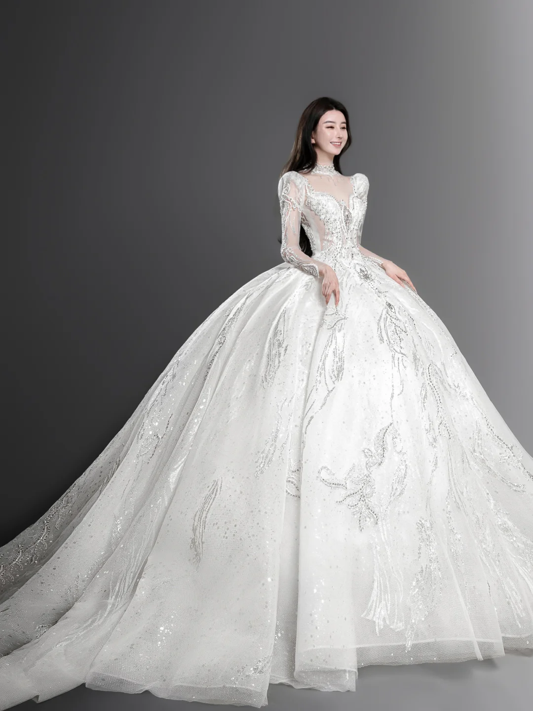 Gorgeous Ball Gown Tulle Lace Long Sleeves Long Wedding Dresses C4136