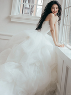 Dreamy Ball Gown Strapless Satin Tulle Long Wedding Dresses C4158