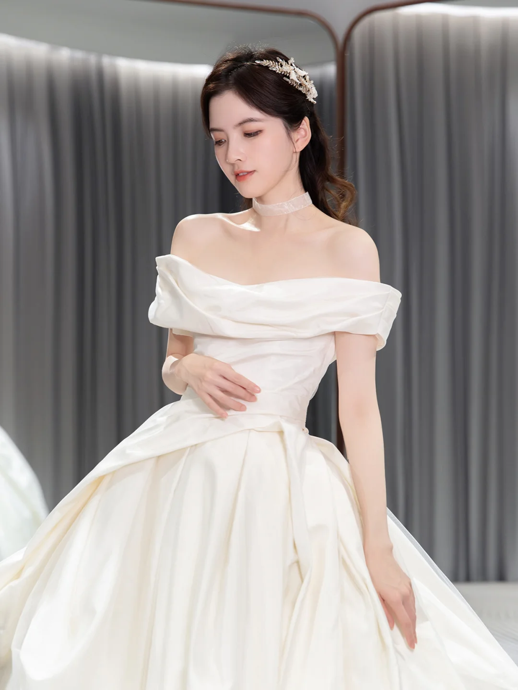 Simple Classy Ball Gown Off The Shoulder Satin Long Wedding Dresses C4194